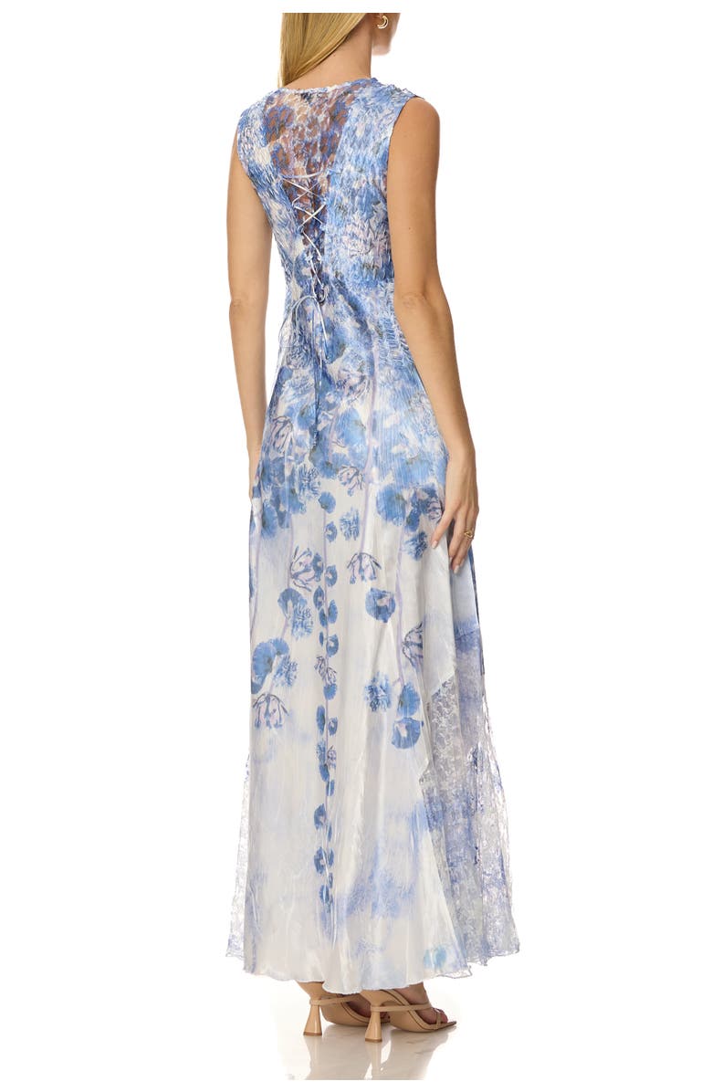 Komarov Floral Border Maxi with Lace Up Back, Alternate, color, Indigo Vine