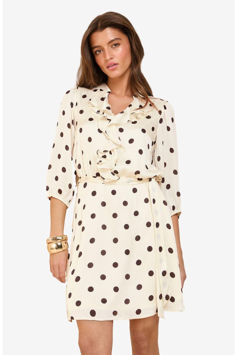 Polka Dot Ruffle Tie Belt Minidress, Alternate, color, WHITE