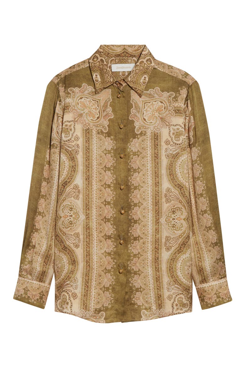 Luna Paisley Print Silk Satin Button-Up Shirt, Alternate, color, OLIVE PERLA PAISLEY