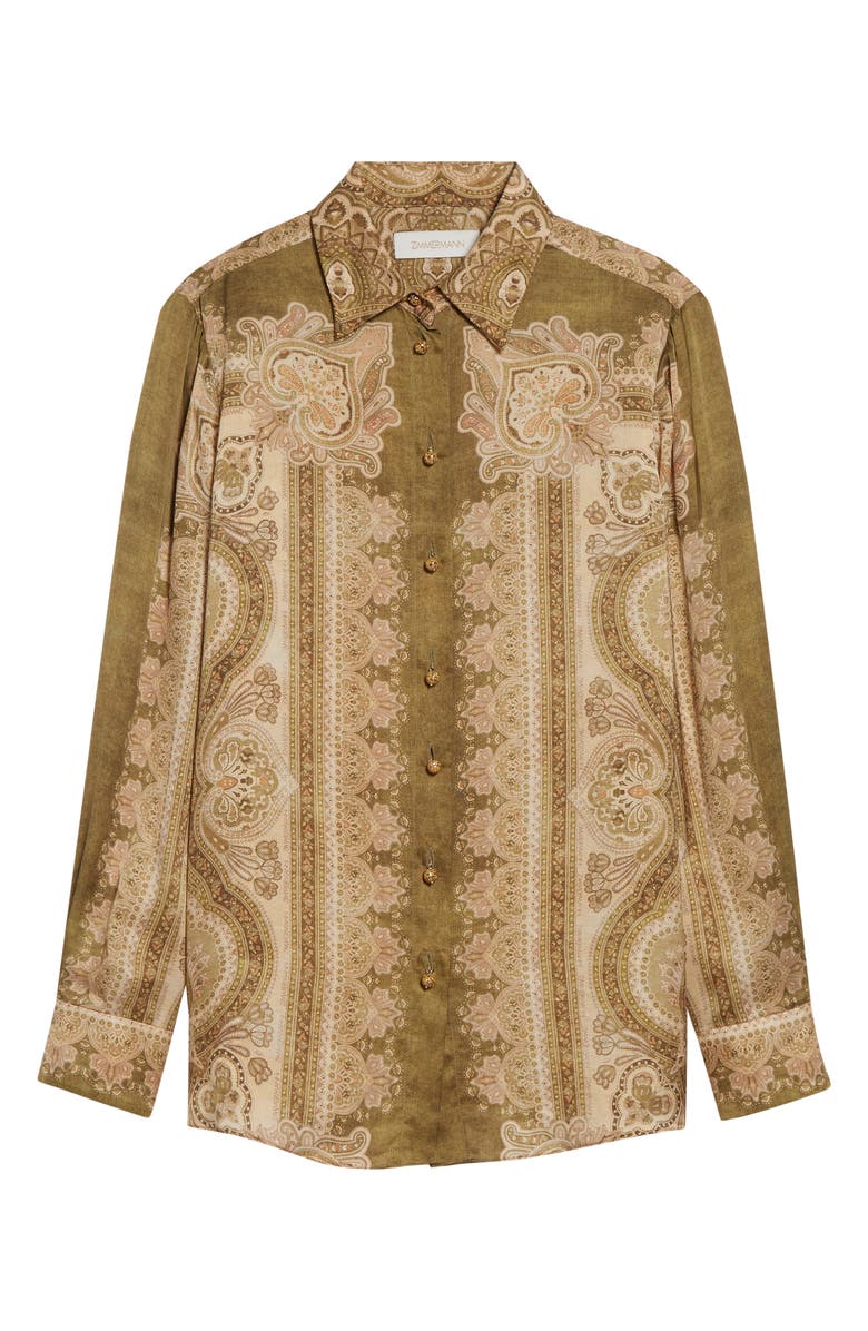 Zimmermann Luna Paisley Print Silk Satin Button-Up Shirt, Alternate, color, Olive Perla Paisley