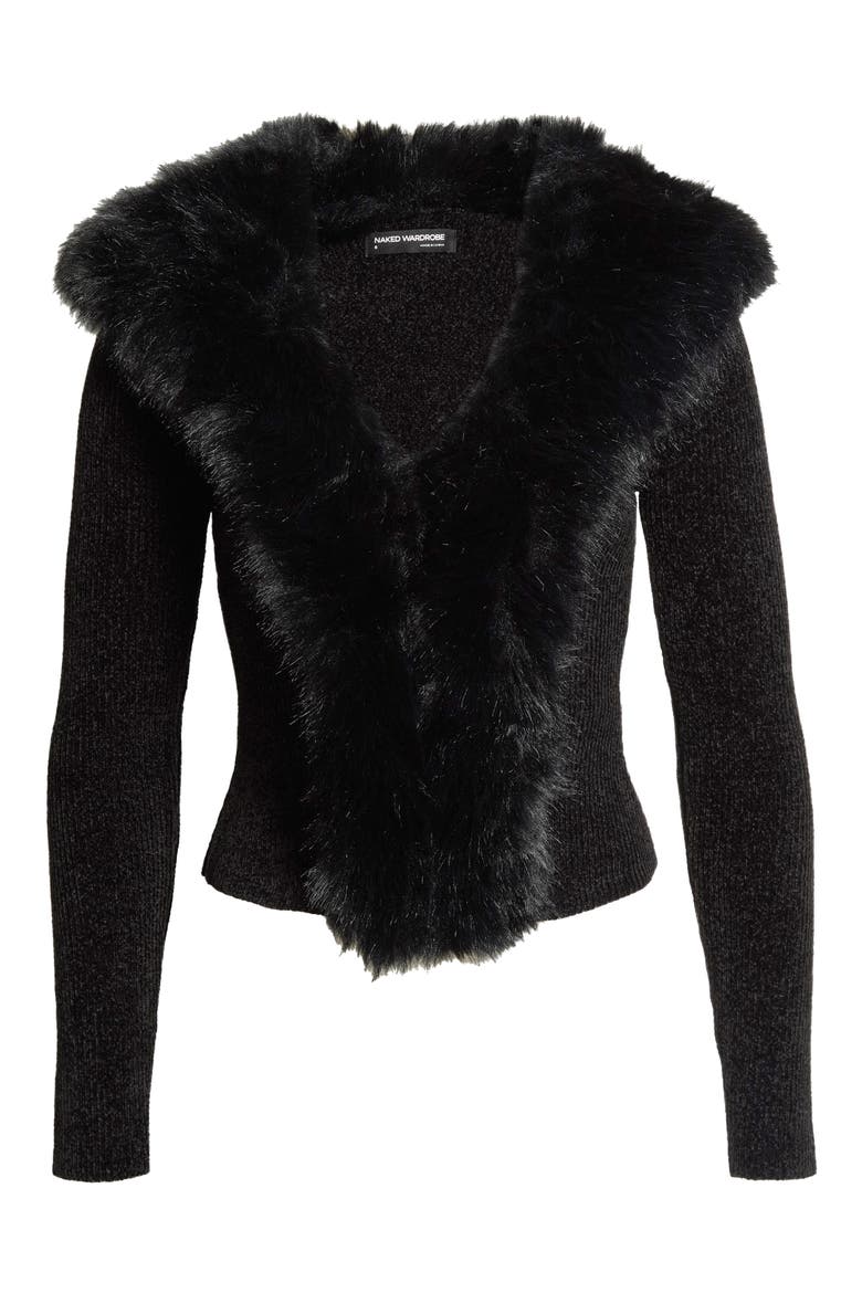 Faux Fur Collar Cardigan, Main, color, BLACK