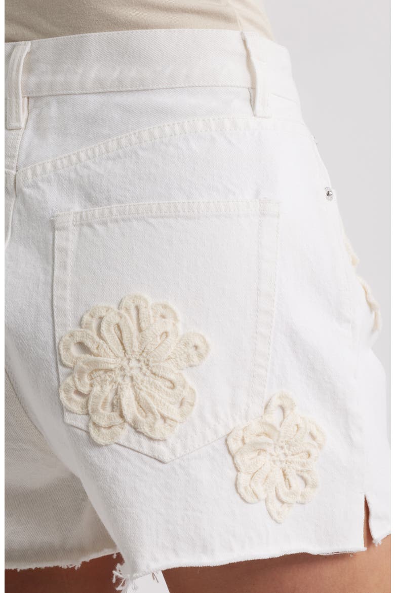 The Dare Floral Appliqué Frayed High Waist Denim Shorts, Alternate, color, FLURRY