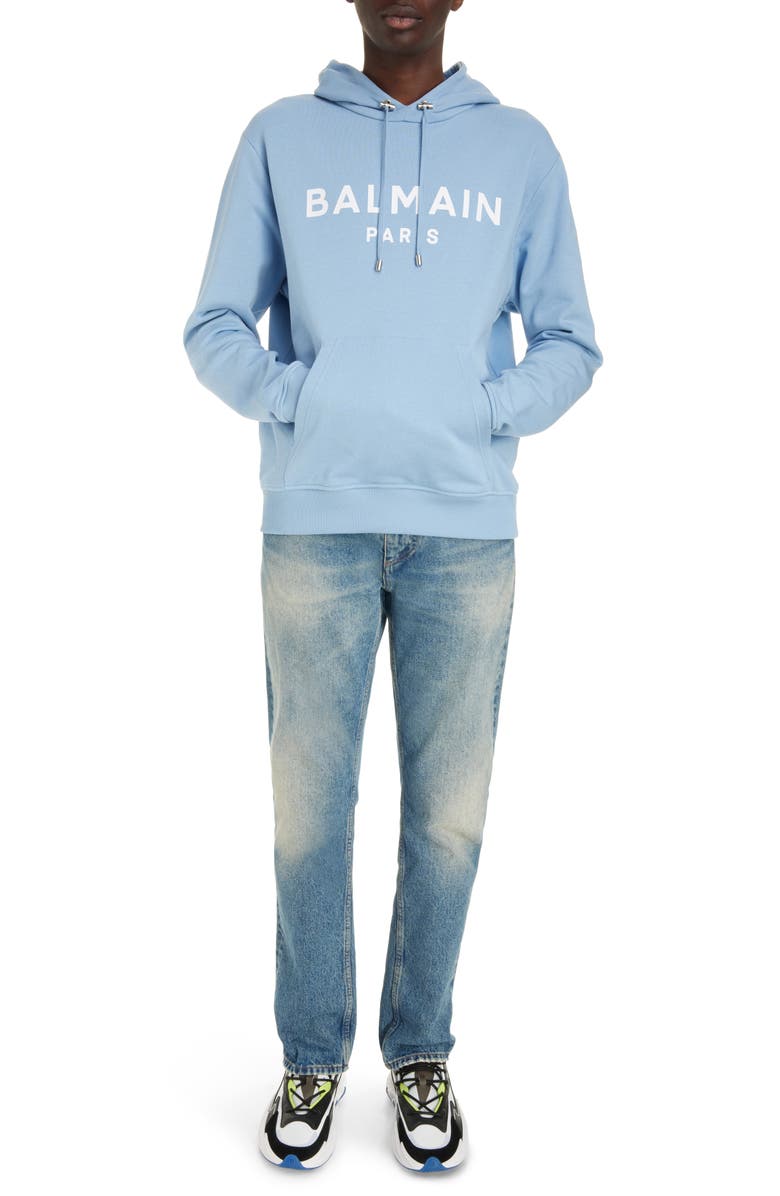 Balmain Organic Cotton Logo Graphic Hoodie, Alternate, color, Slj Pale Blue/ White