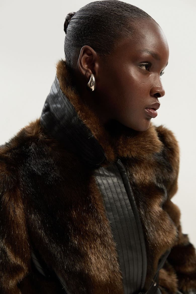 Petite Faux Fur Belted Midi Coat, Alternate, color, Chocolate