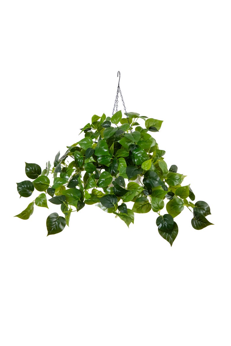 24-in UV Resistant Artificial Philodendron with 50 Warm White LED Lights in White Hanging Basket, Main, color, Green