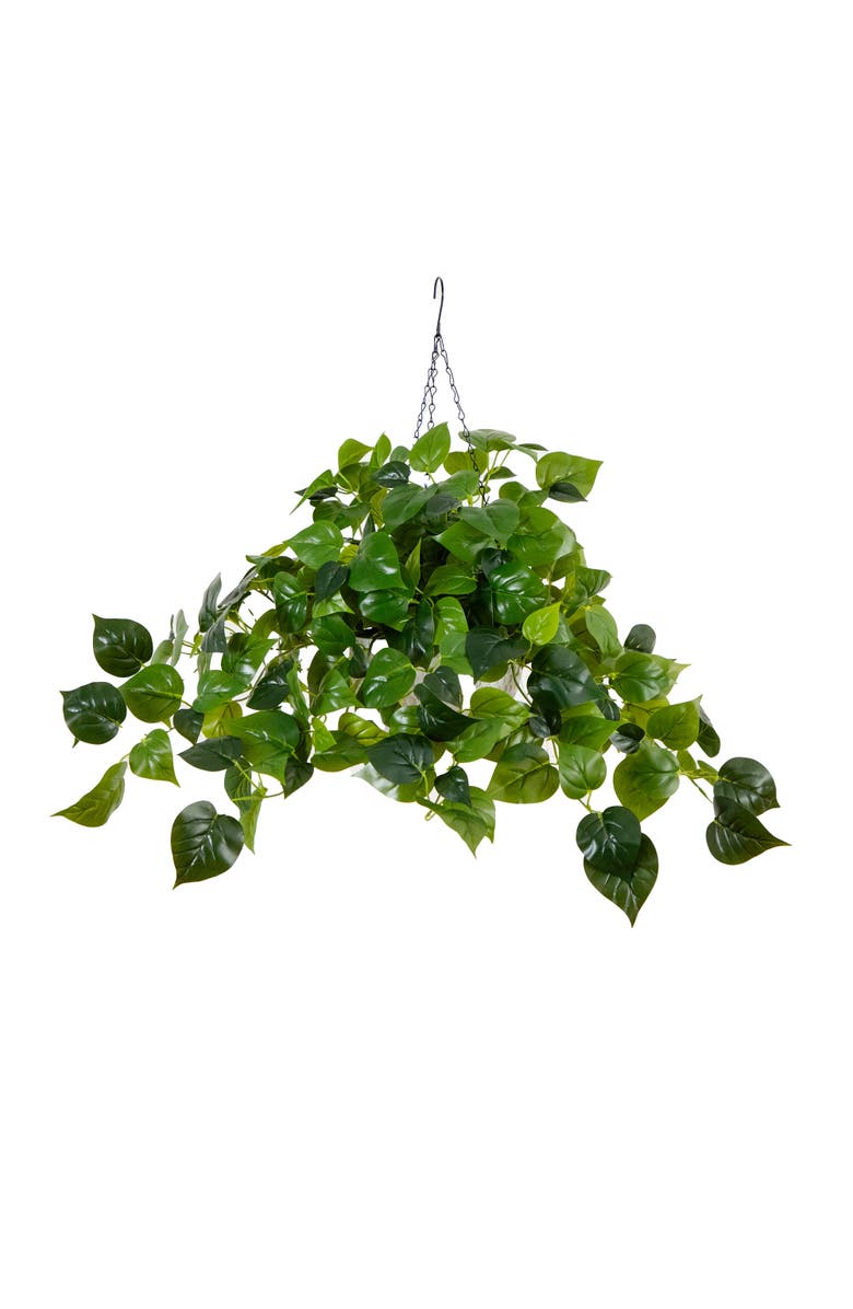 NEARLY NATURAL 24-in UV Resistant Artificial Philodendron with 50 Warm White LED Lights in White Hanging Basket, Main, color, Green