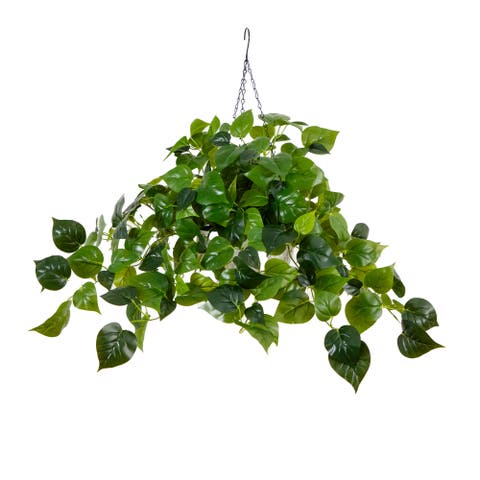 24-in UV Resistant Artificial Philodendron with 50 Warm White LED Lights in White Hanging Basket (Indoor/Outdoor)