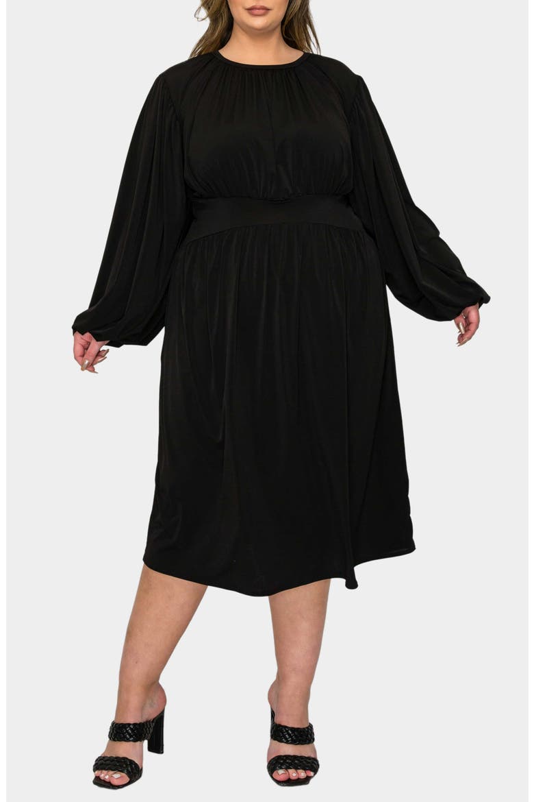 Audrey Gathered Long Sleeve Midi Dress, Main, color, BLACK