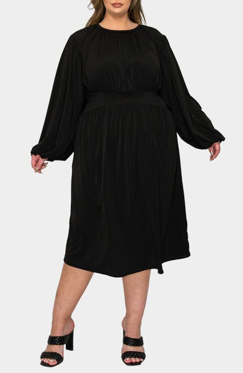 Audrey Gathered Long Sleeve Midi Dress (Plus)