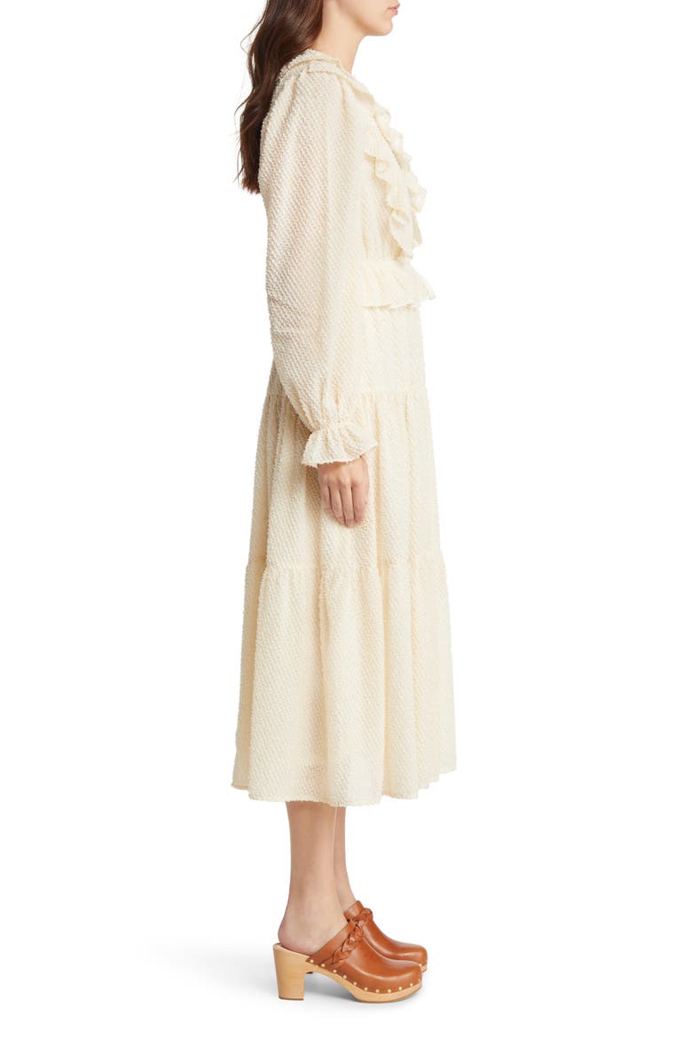 Ruffle Clip Dot Long Sleeve Chiffon Midi Faux Wrap Dress, Alternate, color, CREAM
