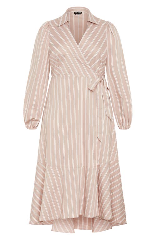 City Chic Brynn Stripe Faux Wrap High Low Dress In Brown
