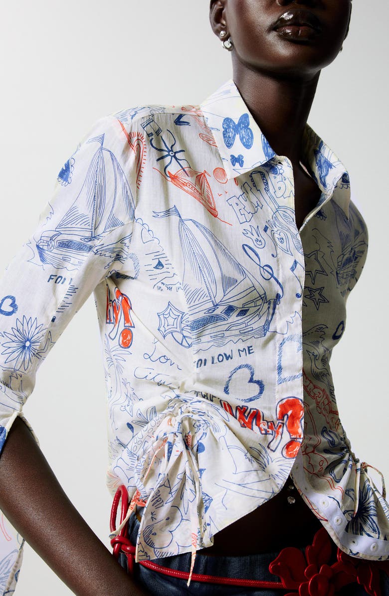 Desigual Ruched Long Sleeve Cotton Button-Up Shirt, Alternate, color, Light Beige