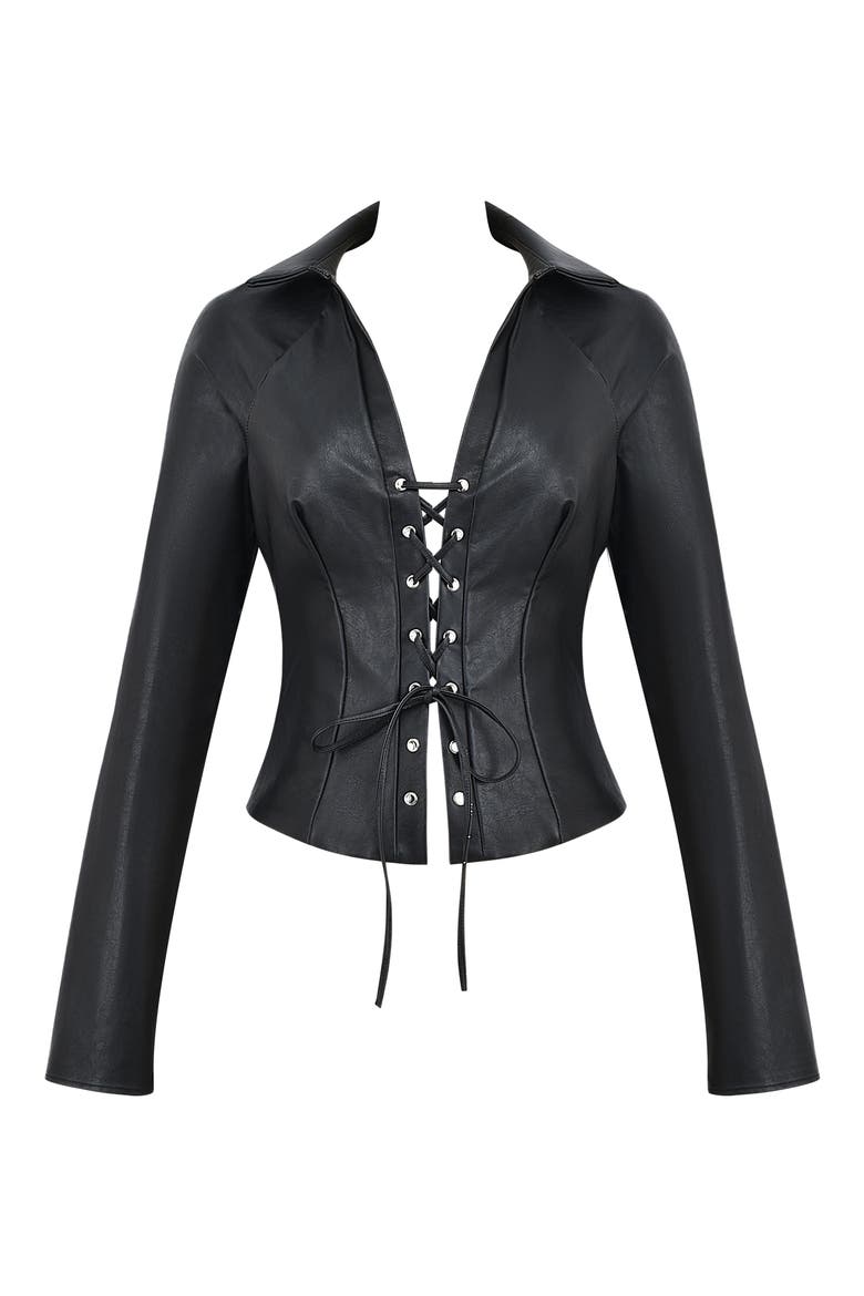 Lace-Up Faux Leather Top, Alternate, color, BLACK