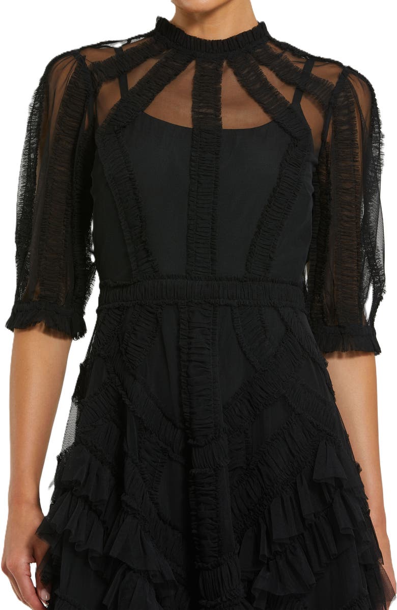 Mac Duggal High Neck Puff Sleeve Ruffle Tiered Dress, Alternate, color, Black
