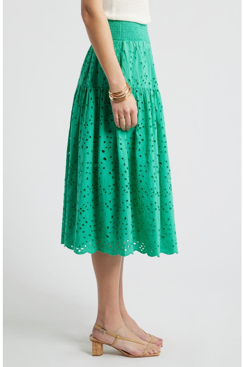 Smocked Waist Eyelet Midi Skirt, Alternate, color, GREEN EASE