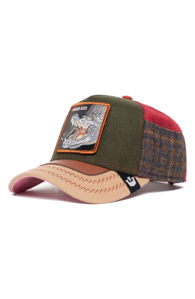 Goorin Bros. Trunchbull Crocodile Patch Flannel Trucker Hat, Main, color, Olive