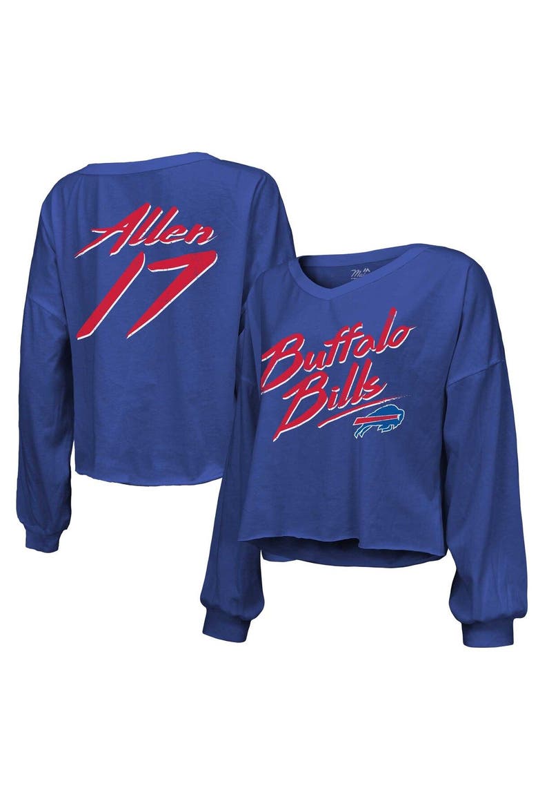 Women's Majestic Threads Josh Allen Royal Buffalo Bills Name & Number Off-Shoulder Script Cropped Long Sleeve V-Neck T-Shirt, Main, color, Royal