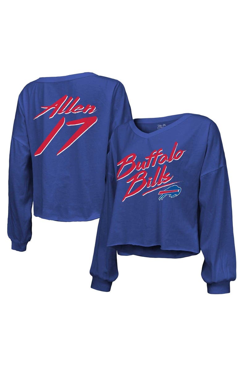 Majestic Threads Women's Majestic Threads Josh Allen Royal Buffalo Bills Name & Number Off-Shoulder Script Cropped Long Sleeve V-Neck T-Shirt, Main, color, Royal