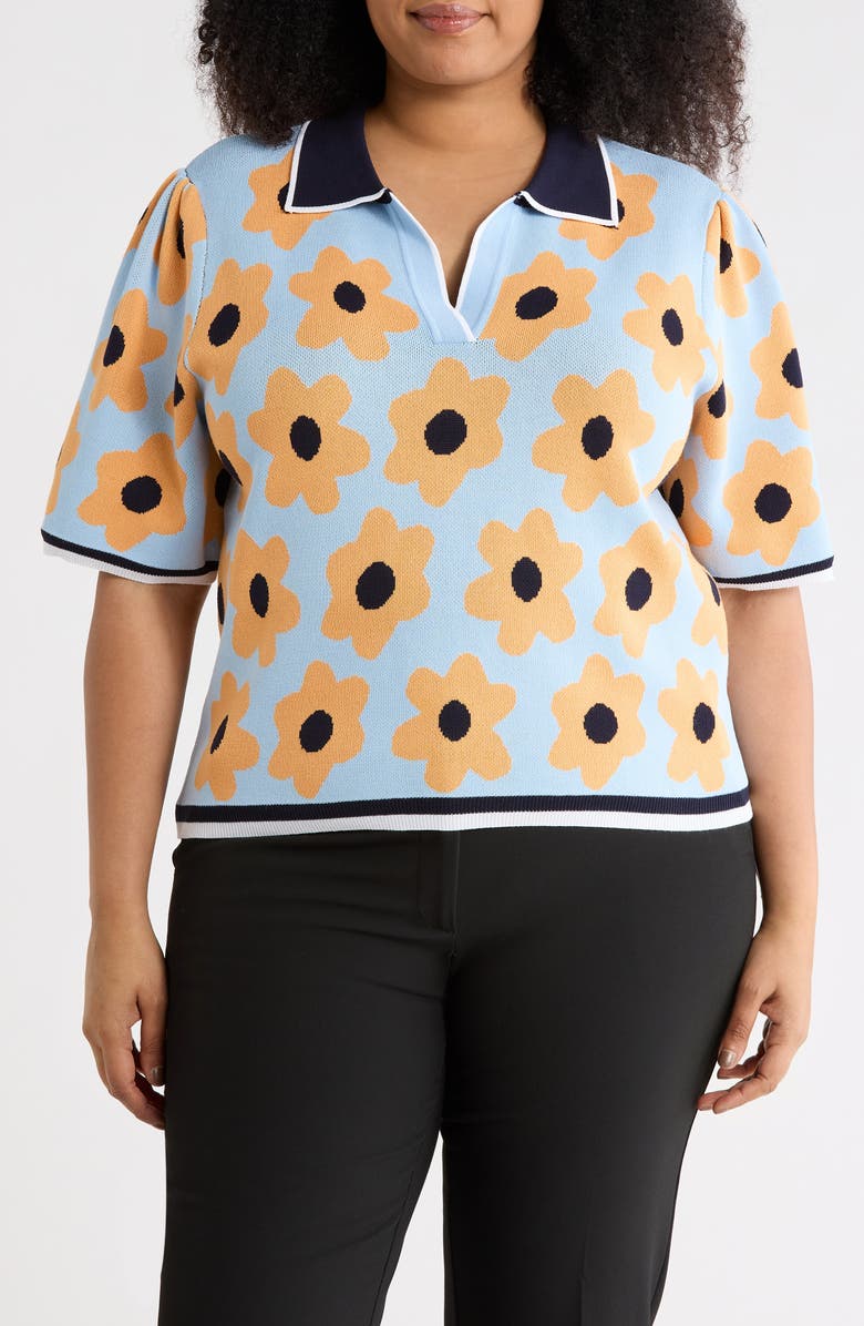 Nanette Lepore Flower Polo Sweater, Main, color, Airy Blue/ Orange Multi