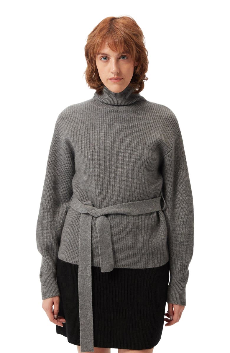 GOBI Mongolian Cashmere Belted Cashmere Turtleneck, Alternate, color, Dim Gray