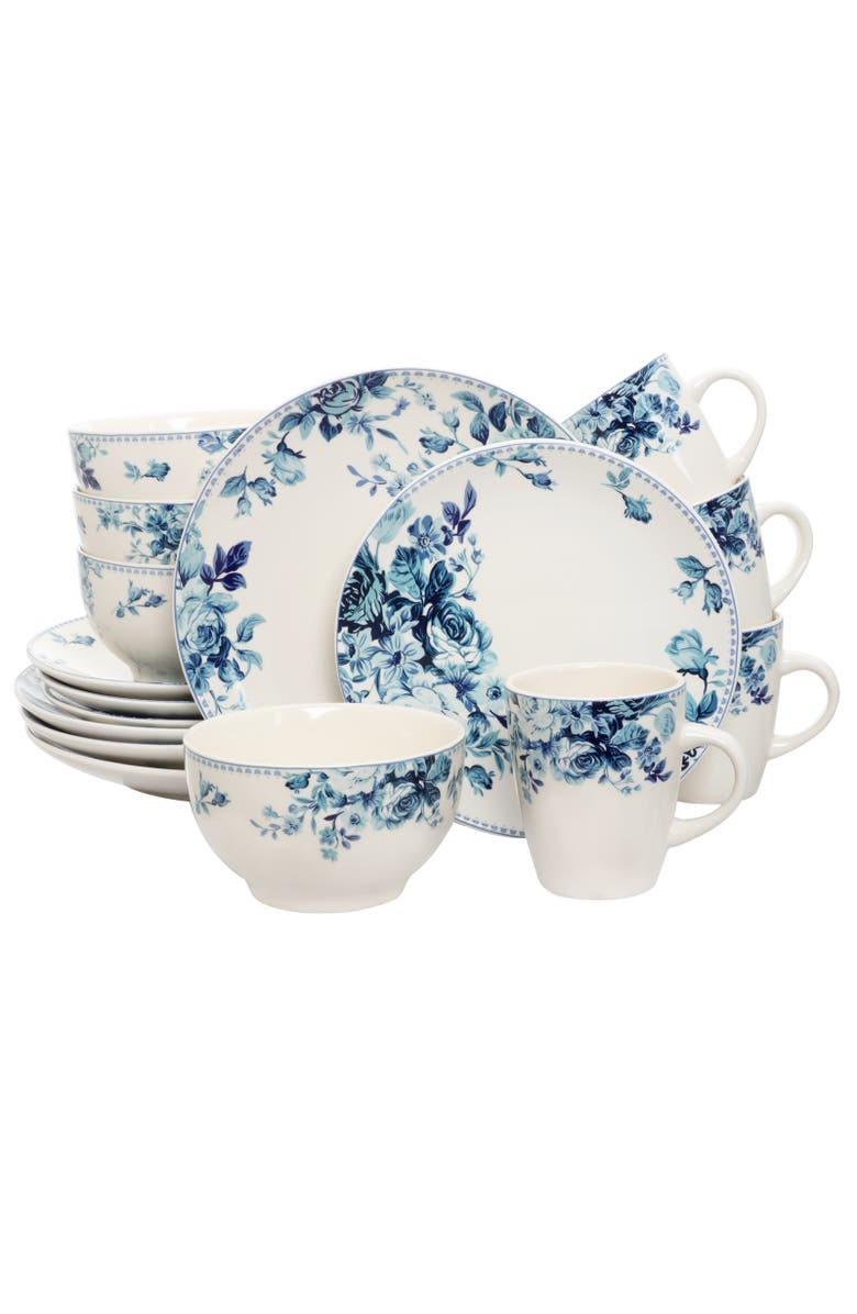 Elama Traditional Blue Rose 16 Piece Dinnerware Set, Main, color, Blue
