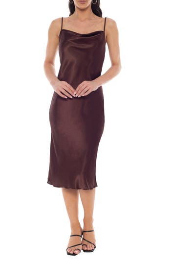 Bebe Satin Cowl Neck Midi Dress In Brown