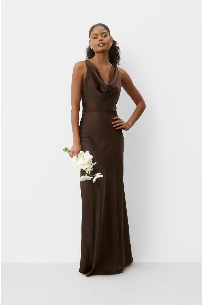 Cowl Front Satin Bridesmaid Dress, Alternate, color, Chocolate