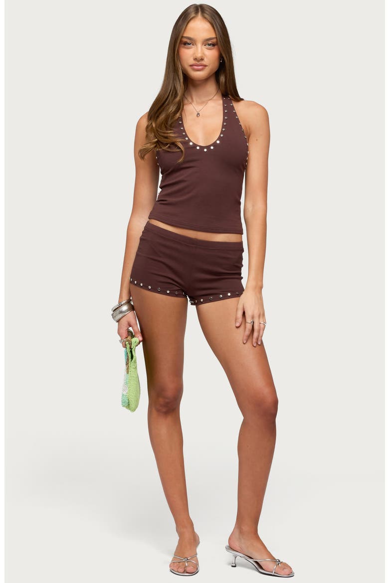 Ariadna Studded Stretch Cotton Halter Top, Alternate, color, DARK-BROWN
