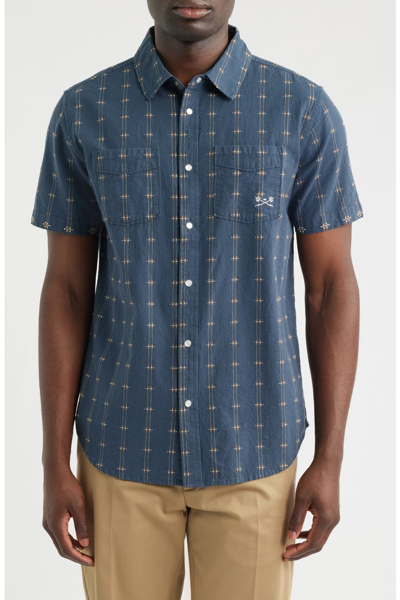 Gildale Textured Stripe Short Sleeve Cotton Snap-Up Shirt, Main, color, STORM