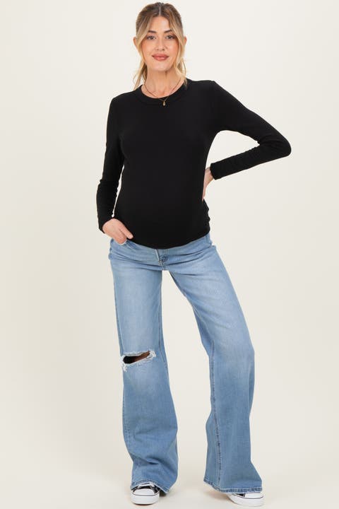 Distressed Knee Wide Leg Maternity Jeans