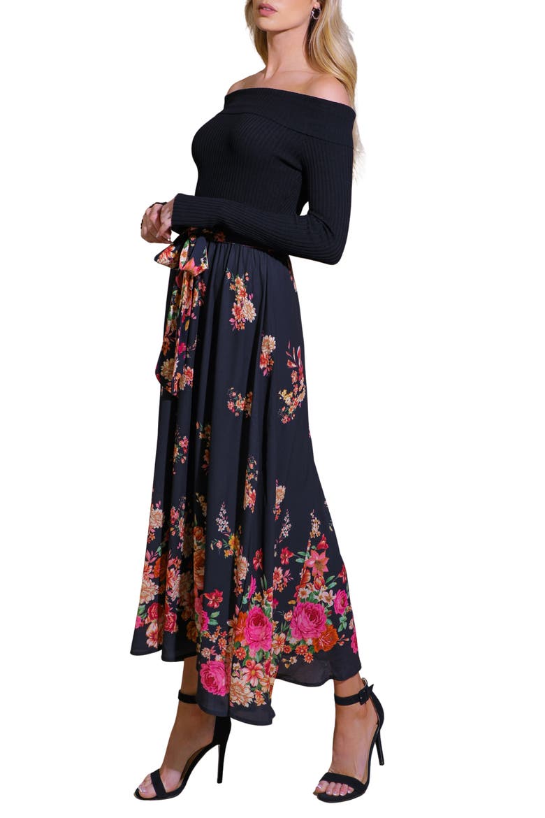 Floral Mix Off the Shoulder Midi Dress, Alternate, color, BLACK
