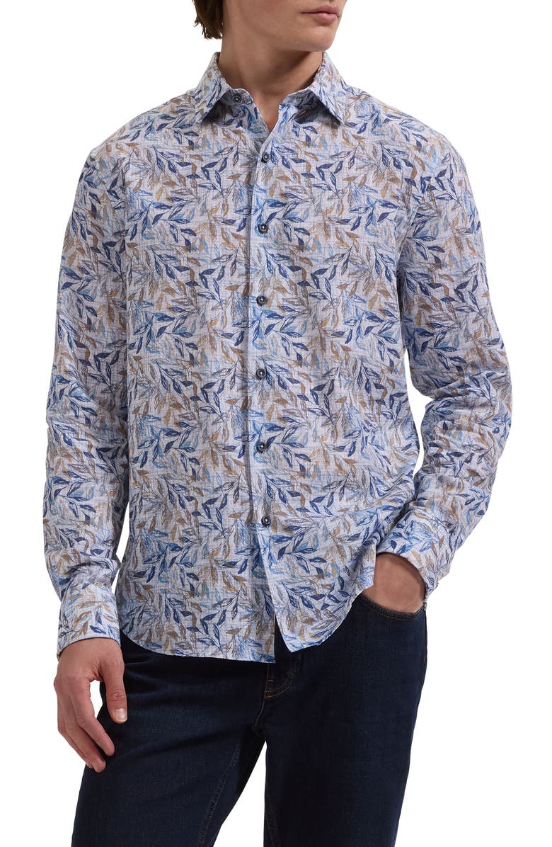Bugatchi Julian Shaped Fit Leaf Print Cotton & Linen Button-Up Shirt, Main, color, Cobalt