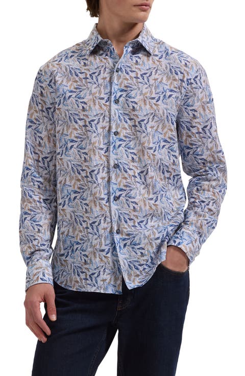 Julian Shaped Fit Leaf Print Cotton & Linen Button-Up Shirt