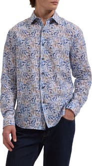 Bugatchi Julian Shaped Fit Leaf Print Cotton & Linen Button-Up Shirt