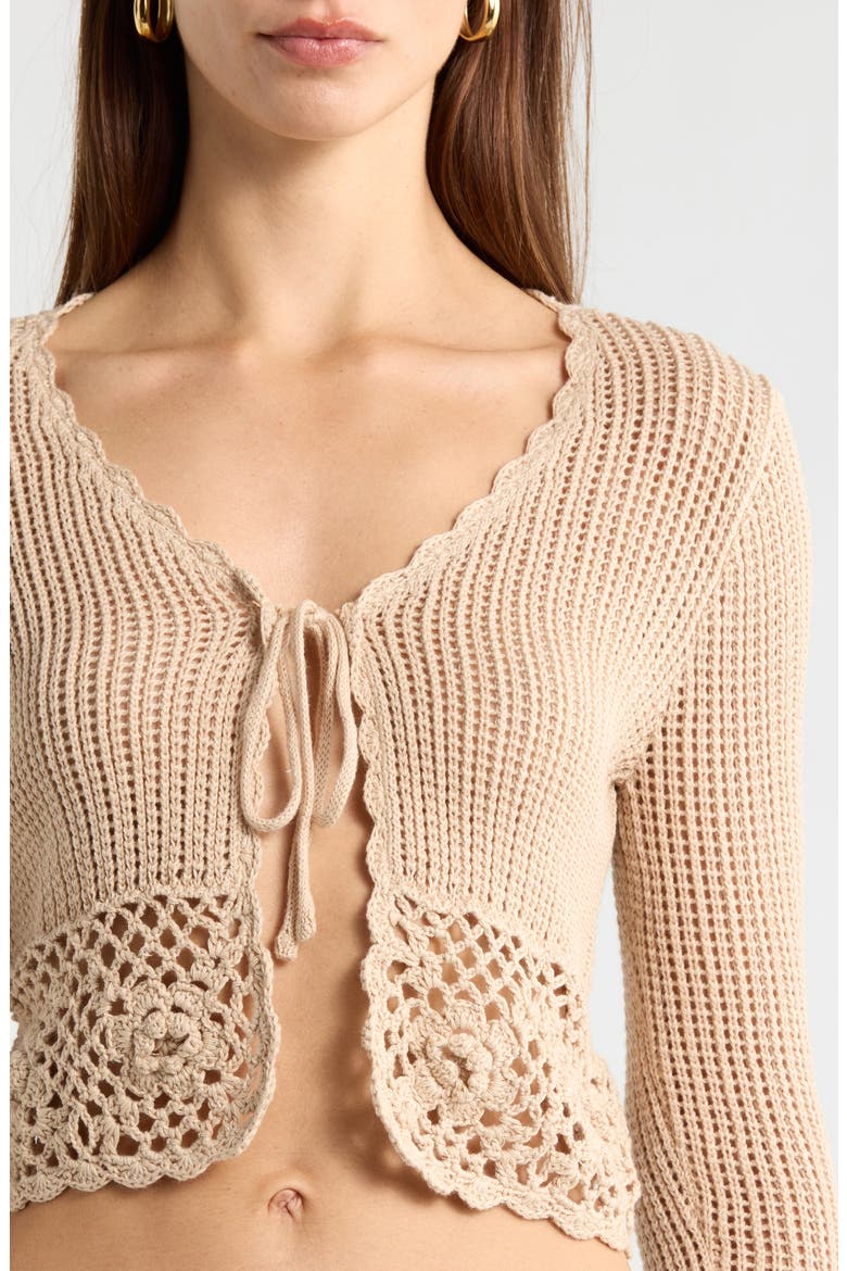 Crochet Detail Tie Front Sweater, Alternate, color, TAN