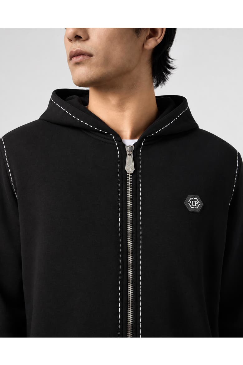 Zip Hoodie Stitching Logo Men, Alternate, color, black