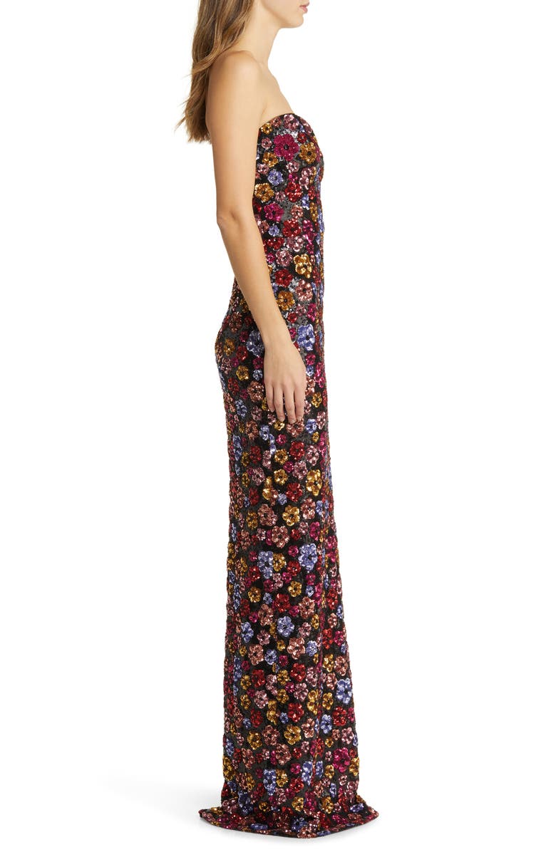 Marchesa Notte Sequin Bouquets Strapless Column Gown, Alternate, color,