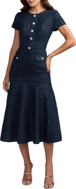 Mac Duggal Women's Sequin Tweed Short Sleeve A-Line Midi Dress
