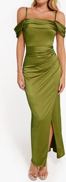 Popilush Liquid Metallic Fabric Off Shoulder Shine Ruched Sculpting Maxi Shapewear Dress