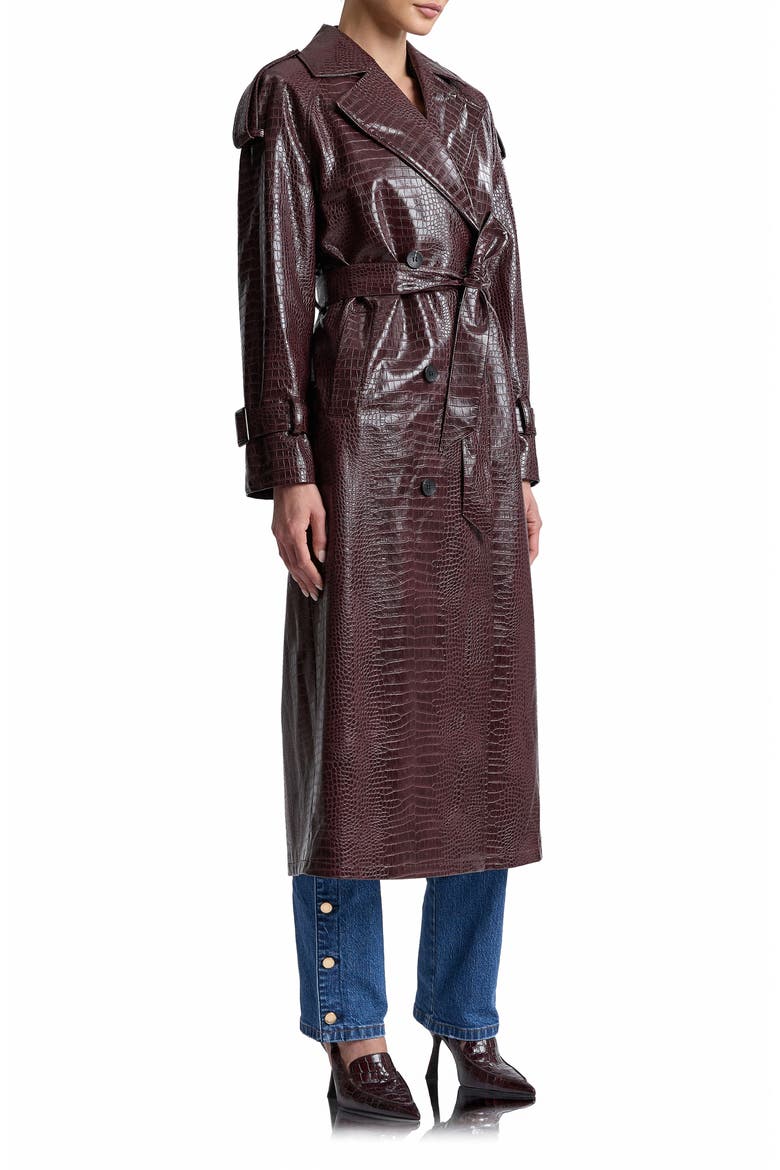 Croc Embossed Faux Leather Maxi Trench Coat, Alternate, color, DARK RED