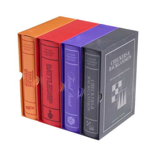 WS Game Company Vintage Bookshelf Assortment - 4 Pack - Jenga, Battleship, Checkers & Backgammon, Trivial Pursuit in Multiple  product