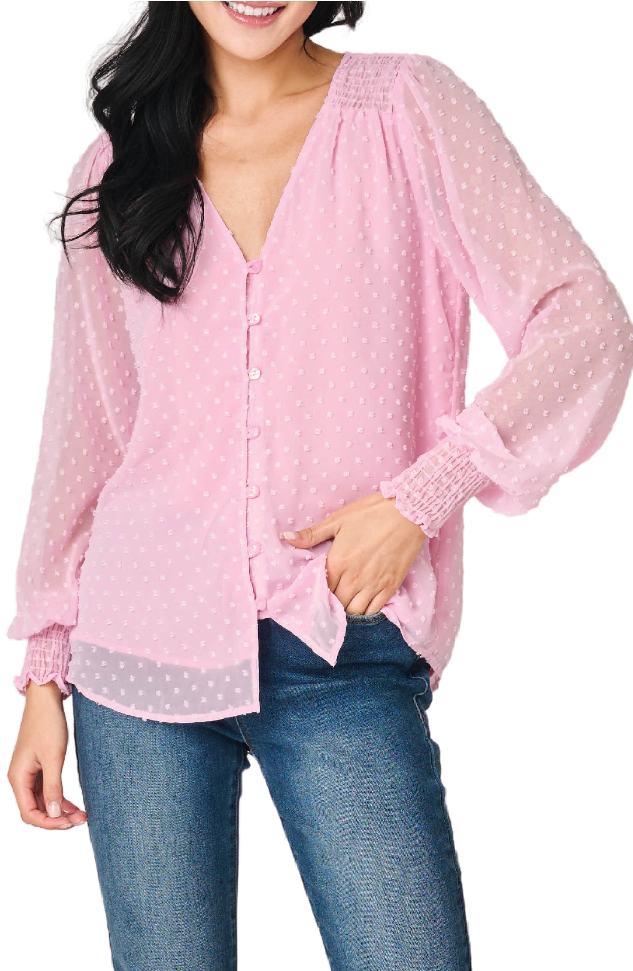 GIBSONLOOK Pin Dot Smocked Detail V-Neck Blouse