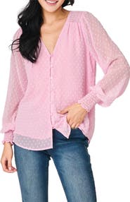GIBSONLOOK Pin Dot Smocked Detail V-Neck Blouse