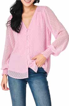 GIBSONLOOK Pin Dot Smocked Detail V-Neck Blouse