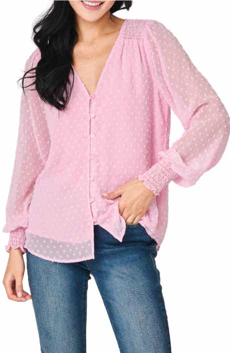 GIBSONLOOK Pin Dot Smocked Detail V-Neck Blouse