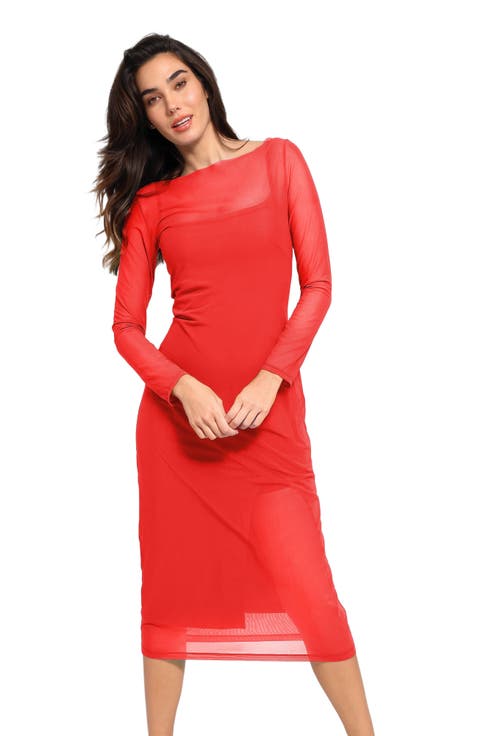 Shapewear Slimming Midi Dress and Sheer Mesh Overlay Set