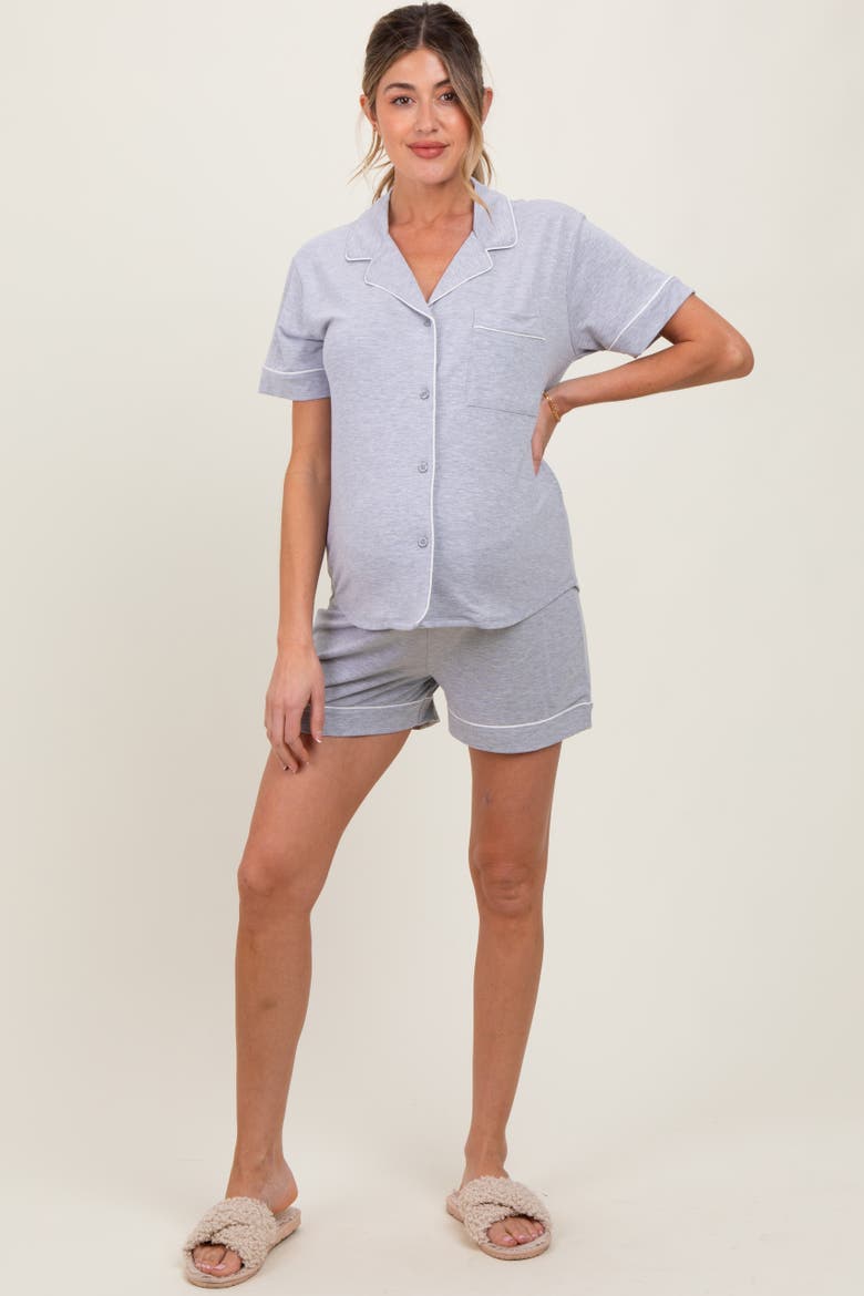 Short Sleeve Button Down Shirt Shorts Set, Alternate, color, Heather Grey