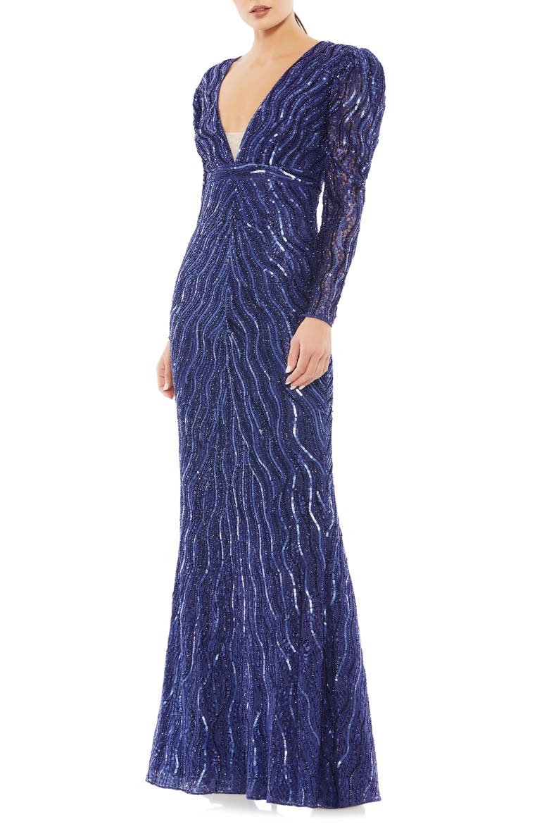 Bead & Sequin Long Sleeve Trumpet Gown, Main, color, MIDNIGHT
