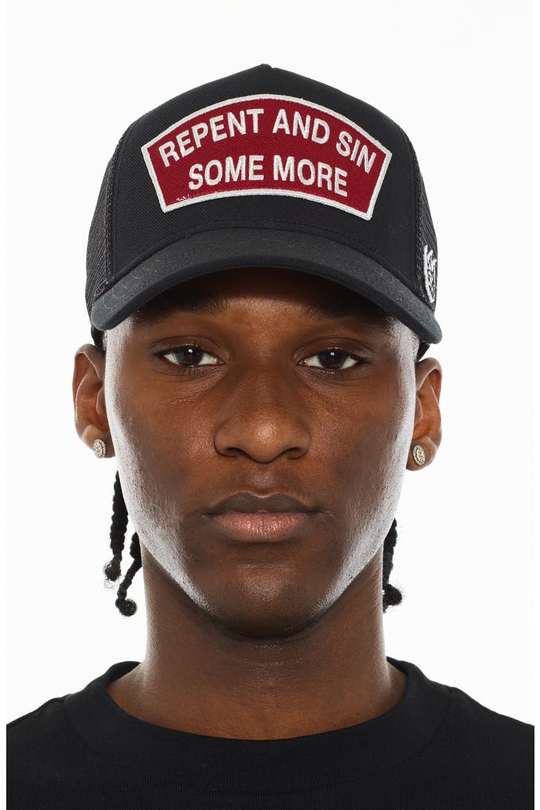 Repent & Sin Mesh Back Trucker Hat, Main, color, BLACK