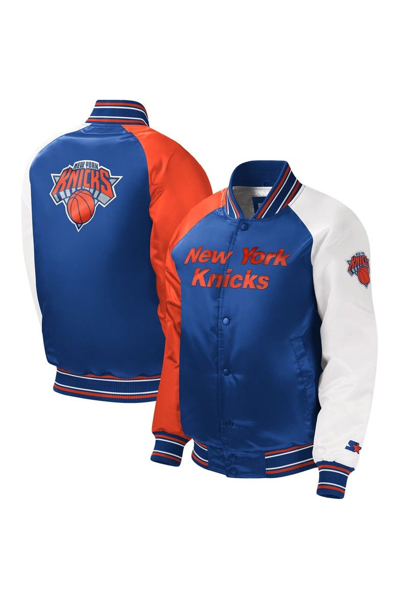 Youth Starter Royal New York Knicks Raglan Full-Snap Varsity Jacket, Main, color, Royal
